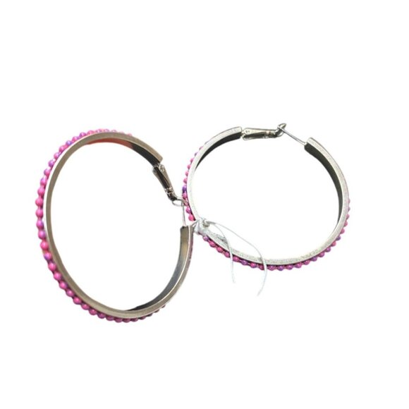 Steve Madden Silver-tone  Hoop Earrings With Pink Beaded Detailing - Picture 3 of 9